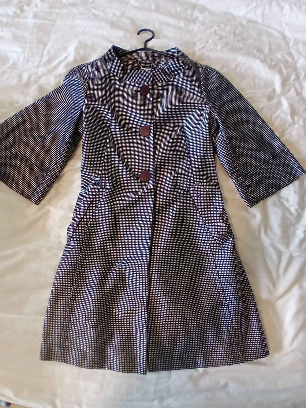 Womens Vintage Blue & Silver Metallic Sheen Checked A-Line Coat Size Small